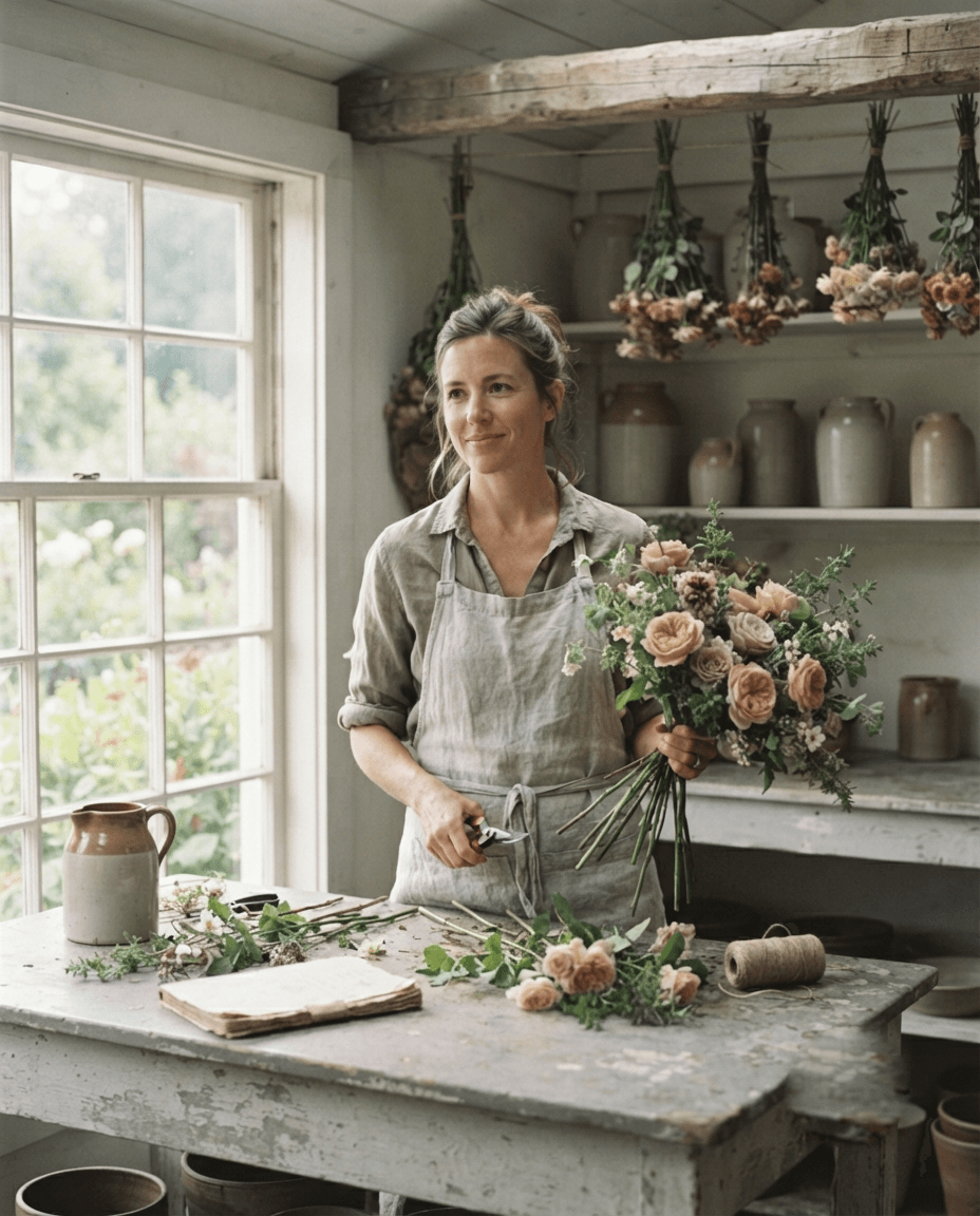 Monica Frenden arranging garden roses at her studio workbench